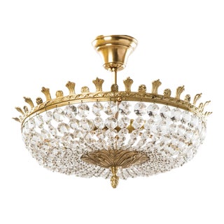1950s Brass & Crystal Semi Flush Mount Basket Chandelier For Sale
