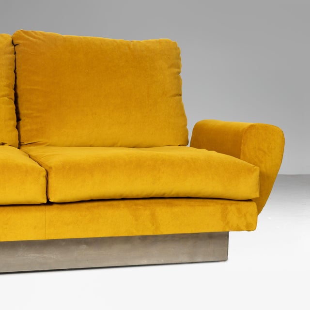 1970s Three-Seater Sofa and Poufs in Yellow Velvet1970, Set of 3 For Sale - Image 5 of 12
