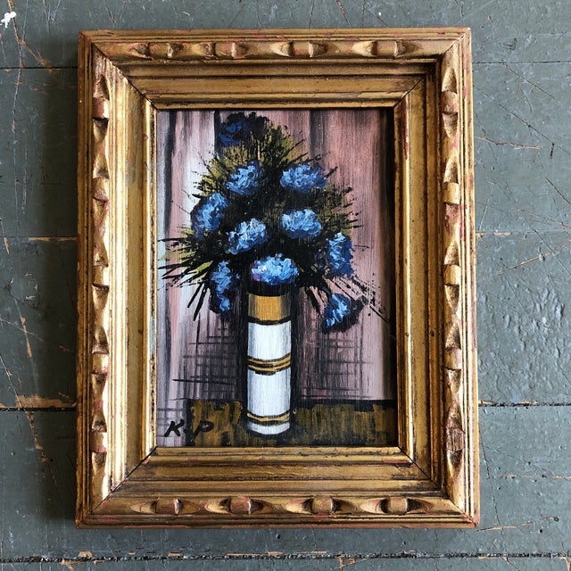 1960’s Mid Century Modern Bernard Buffet Style Abstract Floral Still Life Small Painting For Sale - Image 4 of 4