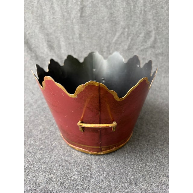 Vintage Maroon Gold Hand Painted French Tole Cachepot For Sale - Image 4 of 13