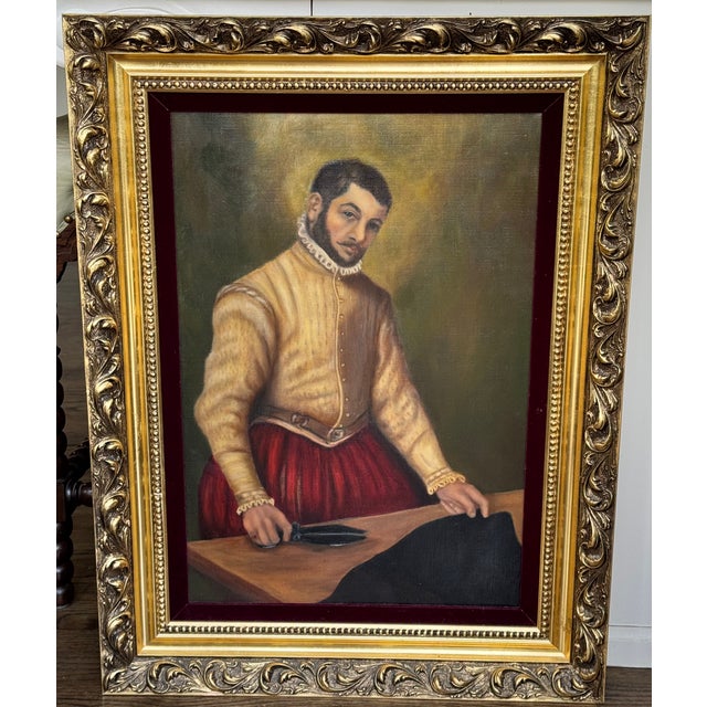Here is a well-executed vintage 1969 reproduction oil on canvas of Giovanni Battista Moroni's The Tailor (Il Sarto in...