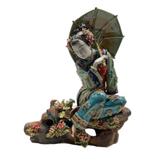 Chinese Porcelain Qing Style Dressing Umbrella Lady Figure For Sale