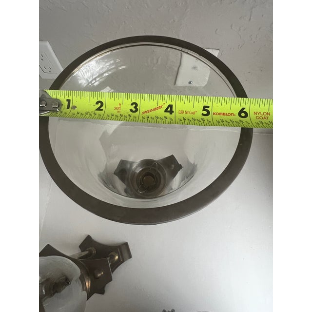 Vintage Brass Hurricane Candle Holders Pair Architectural Glass Lanterns For Sale - Image 4 of 6
