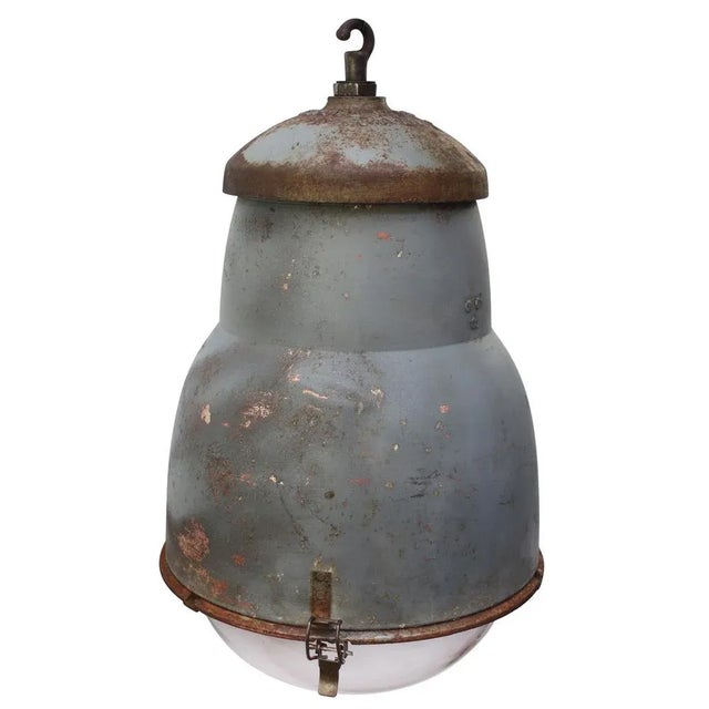 Gray Vintage French Industrial Round Gray Metal Glass Pendant Light from Philips For Sale - Image 8 of 8