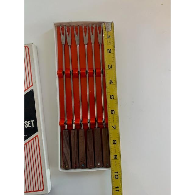 Wood 1960s Rosewood and Stainless Steel 6 Piece Fondue Fork Set For Sale - Image 7 of 8