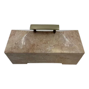 Vintage Tessellated Stone Jewelry Box in Pink Marble With Brass Handle – Maitland-Smith Style, Hollywood Regency