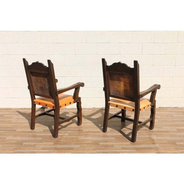 Set of 6 Spanish Revival Carved Wood & Tan Leather Dining Chairs For Sale - Image 15 of 18