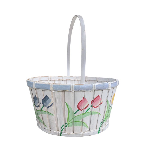Vintage Hand painted Botanical Tulip Flower Basket with Handle Perfect for a child collecting Easter eggs Height including...
