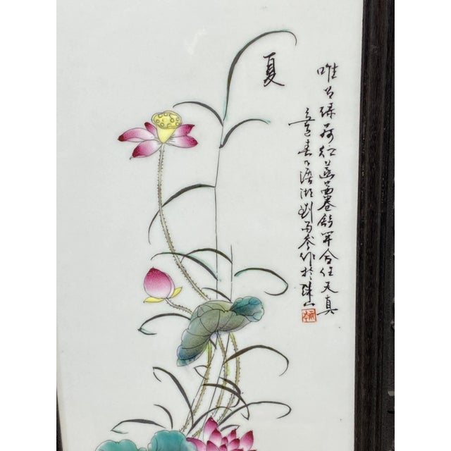 Superb Chinoiserie porcelain famille rose hand-painted panel depicting couple of peacocks ,lotus flowers etc... Framed...