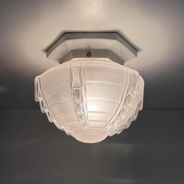 Art Deco Ceiling Lamp in Porcelain and Sandblasted Glass, 1930s For Sale - Image 3 of 9