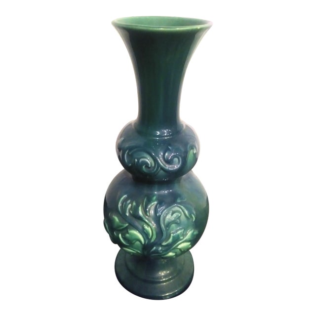 Vintage Haegar Extra Tall Teal Green Blue Floral Vase For Sale