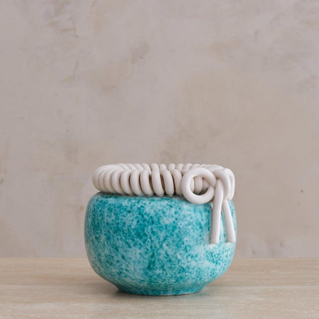 French Turquoise Ceramic Vase with Bow Motif by Gustave Asch, 1940s For Sale - Image 10 of 18