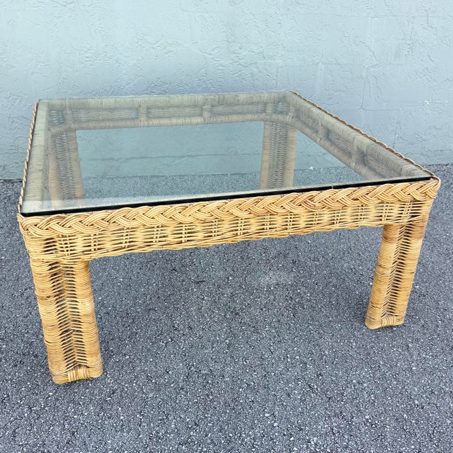 Brown Boho Chic Woven Wicker Glass Top Square Coffee Table For Sale - Image 8 of 8