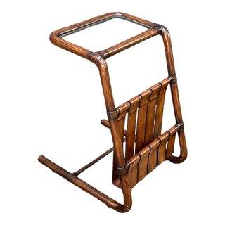 1960s-70s Woodgrain Metal Glass-Top Magazine Holder Side Table For Sale