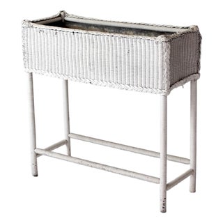 Antique White Wicker Plant Stand With Removable Metal Liner For Sale