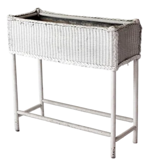 Antique White Wicker Plant Stand With Removable Metal Liner