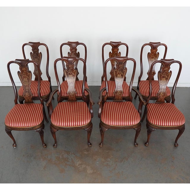 This vintage set of eight Drexel Heritage dining chairs, dating to the late 20th century, beautifully showcases refined...