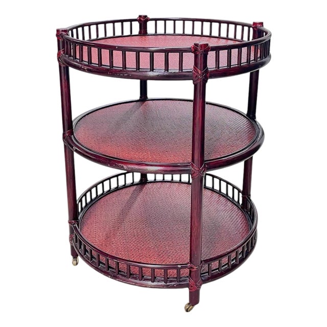 Vintage Tiered McGuire Bamboo and Rattan Table or Cart on Brass Casters For Sale