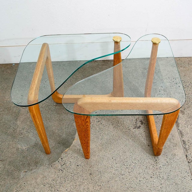 1960s Mid Century Modern Side Table Set Noguchi Style Nightstand White Oak Pair Two Nm For Sale - Image 4 of 12
