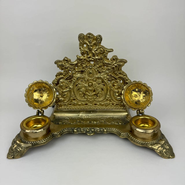 1960s 1960s Ornate Brass Double Inkwell With Letter Organizer For Sale - Image 5 of 12