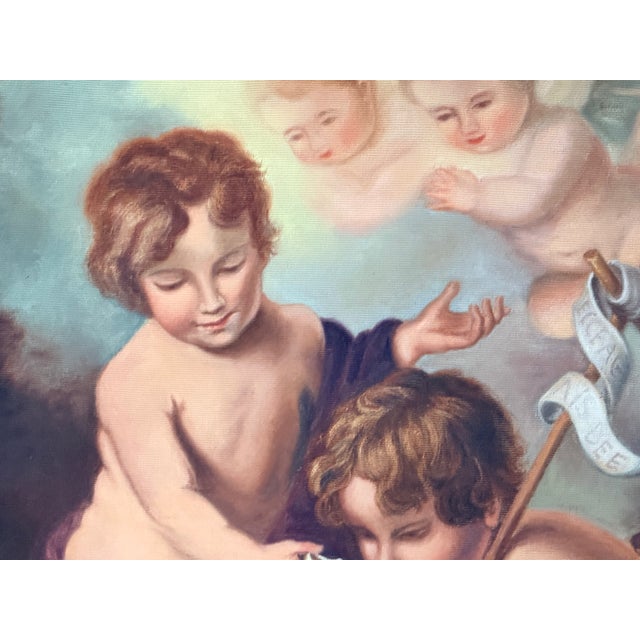 Large Vintage European Religious Oil Painting – Saint John the Baptist, Lamb & Cherubs in Ornate Gilt Frame For Sale - Image 11 of 17