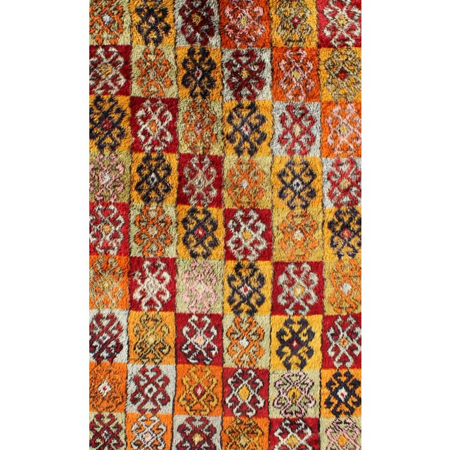 Tribal Hand Knotted Checkerboard Design Vintage Turkish Tulu Rug With Bright Multi-Colors For Sale - Image 4 of 8