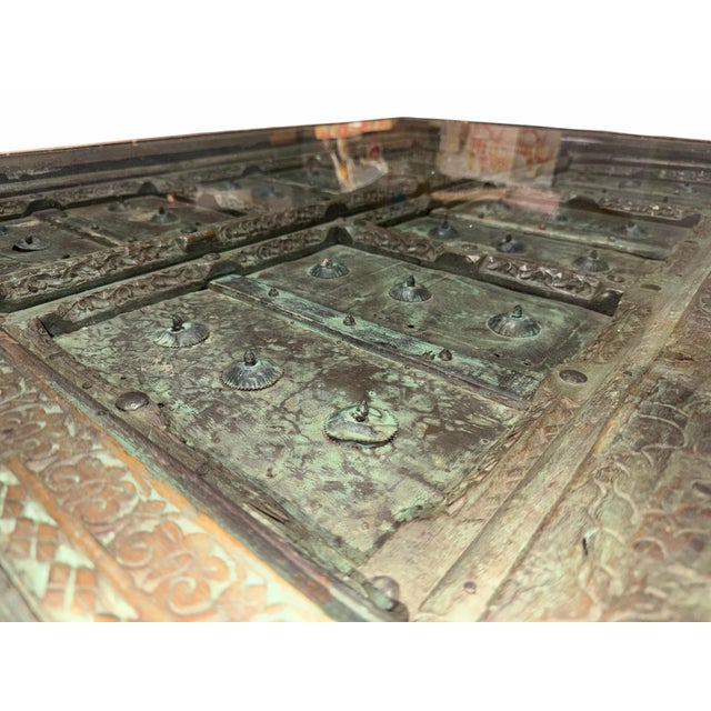 Late 19th Century Antique 19th-Century Indian Teak Door & Iron Studded Coffee Table With Glass Top For Sale - Image 5 of 10