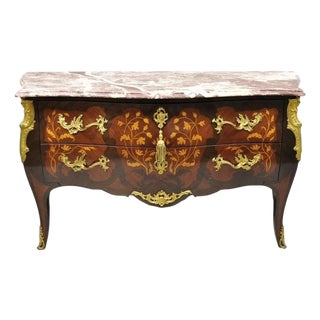 Late 20th Century French Louis XV Style Marble Top Marquetry Inlay & Bronze Bombe Commode Dresser For Sale