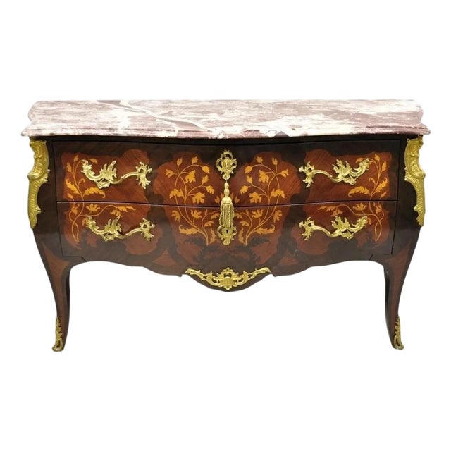 Late 20th Century French Louis XV Style Marble Top Marquetry Inlay & Bronze Bombe Commode Dresser For Sale