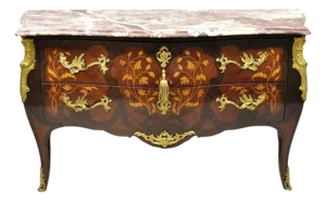 Late 20th Century French Louis XV Style Marble Top Marquetry Inlay & Bronze Bombe Commode Dresser