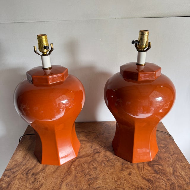 Mid Century Modern Terra Cotta Colored Ceramic Table Lamps- A Pair For Sale - Image 10 of 12