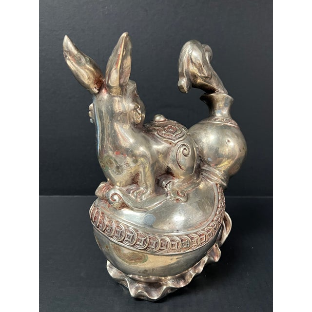 Late 20th Century Chinese Art Silver Gilt Bronze Metal Lucky Charm Rabbit Sculpture For Sale - Image 4 of 10
