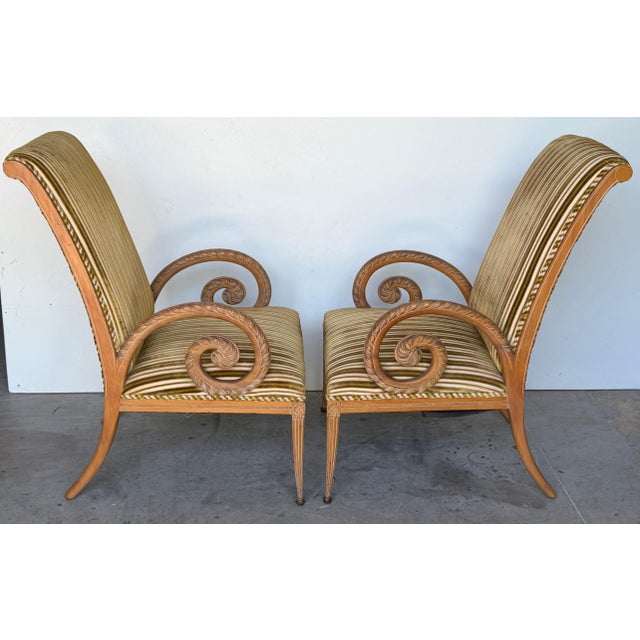 Pair French Modern Carved Feather Scroll Arm Lounge Chairs, Style Maison Jansen For Sale - Image 14 of 18