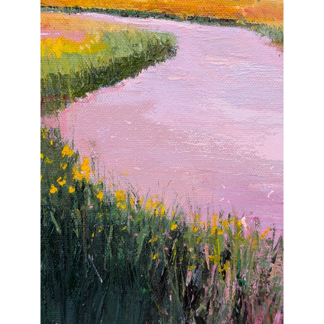 Pink skies at golden hour; lowcountry marshscape sunset. One-of-a-kind original oil painting on a 12x12 inch canvas. Sides...