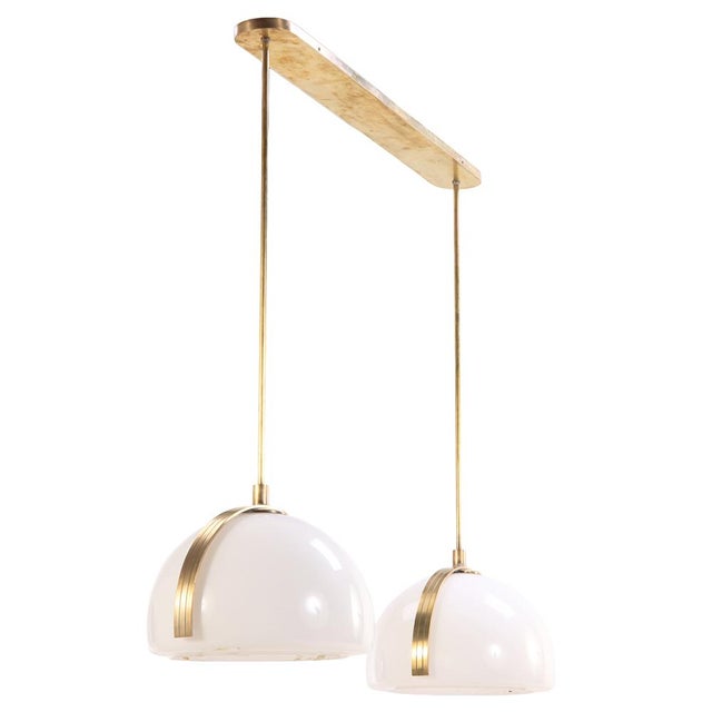Mid-Century Modern Brass and White Glass Dual-Pendant Light, C. 1960 For Sale - Image 3 of 4