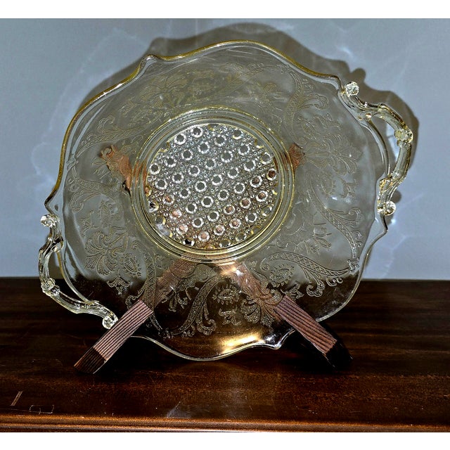 Vintage Lancaster Glass “Landrom” Topaz Etched Bowl With Handles – Depression Era For Sale - Image 10 of 10