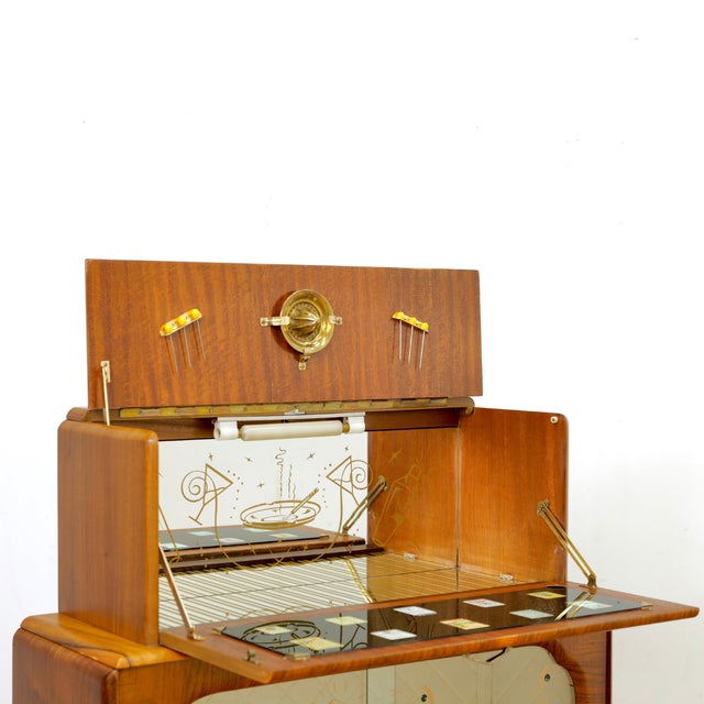 Mid-Century Modern 1950s English Walnut Liquor Cabinet Home Dry Bar For Sale - Image 3 of 12