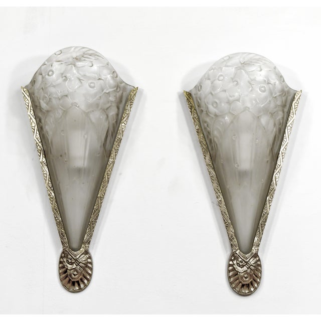 Art Deco French Art Deco Ejg Floral Slip Shades Wall Sconces 1930s - A Pair For Sale - Image 3 of 12