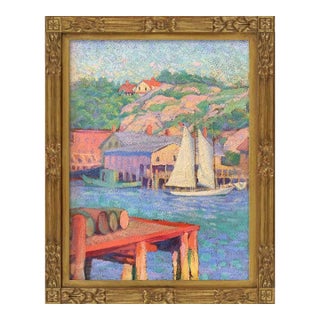 Early 20th Century Harbor and Hillside Oil Painting For Sale