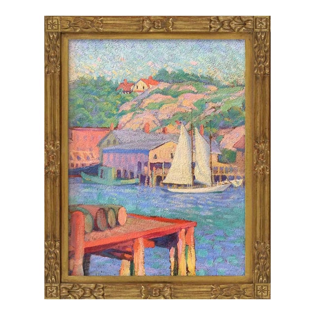 Early 20th Century Harbor and Hillside Oil Painting For Sale