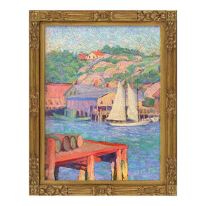 Early 20th Century Harbor and Hillside Oil Painting