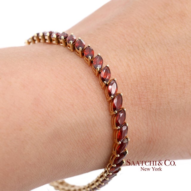 Vintage 14k 585 Solid Yellow Gold Red Garnet Marquise Cut Tennis Bracelet For Sale - Image 10 of 13