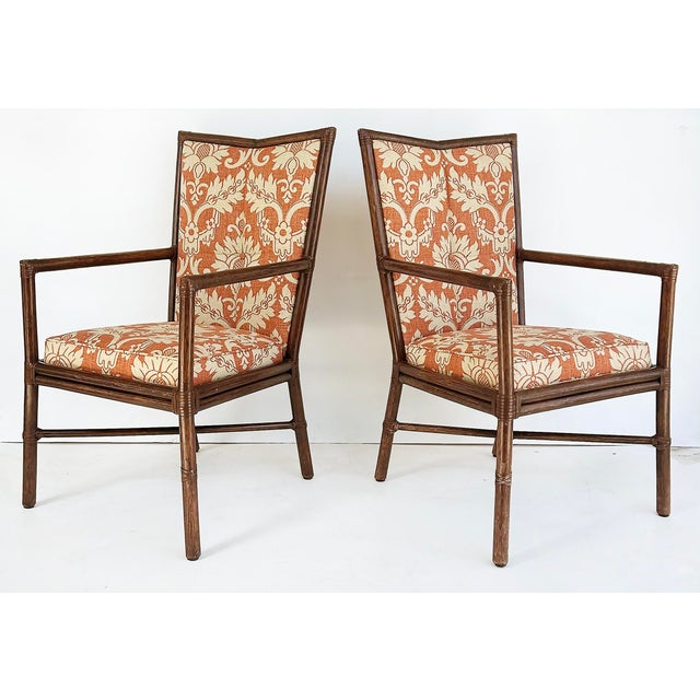 Barbara Barry McGuire Rattan Rawhide Dining Room Chairs, New Upholstery, Set 8 Offered for sale is a set of eight dining...