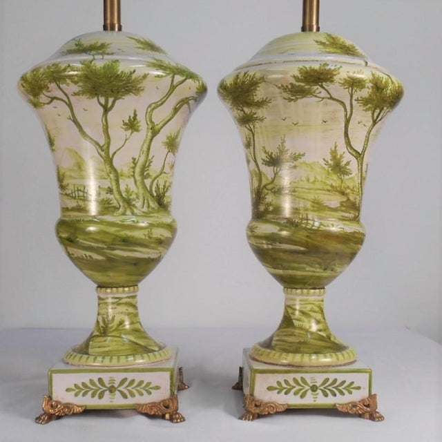 Italian Early Marbro Urn Lamps With Green Painted Roman Ruins - a Pair For Sale - Image 3 of 13