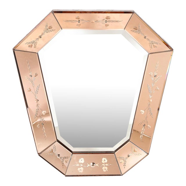 Mid-Century Modernist Shadowbox Mirror With Reversed Etching in Smoked Rose For Sale