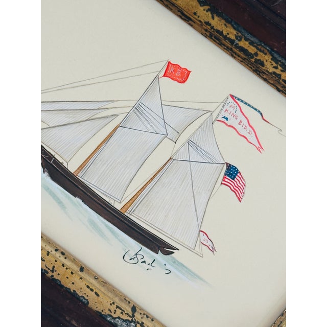 Hand-painted with fine, careful brushwork, this charming sailboat captures a quiet moment at sea. The soft neutral sails...