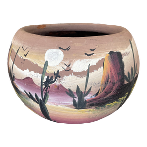 Hand-Painted Terracotta Desert Landscape Pot Marked "Mexico"