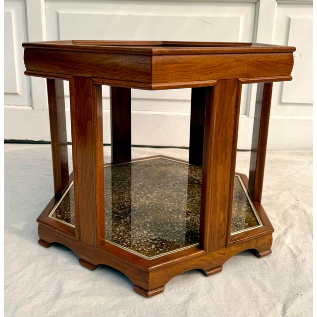 Wood 1970s John Keal for Brown Saltman Two-Tier Hexagonal Side Table With Stone Inset For Sale - Image 7 of 11