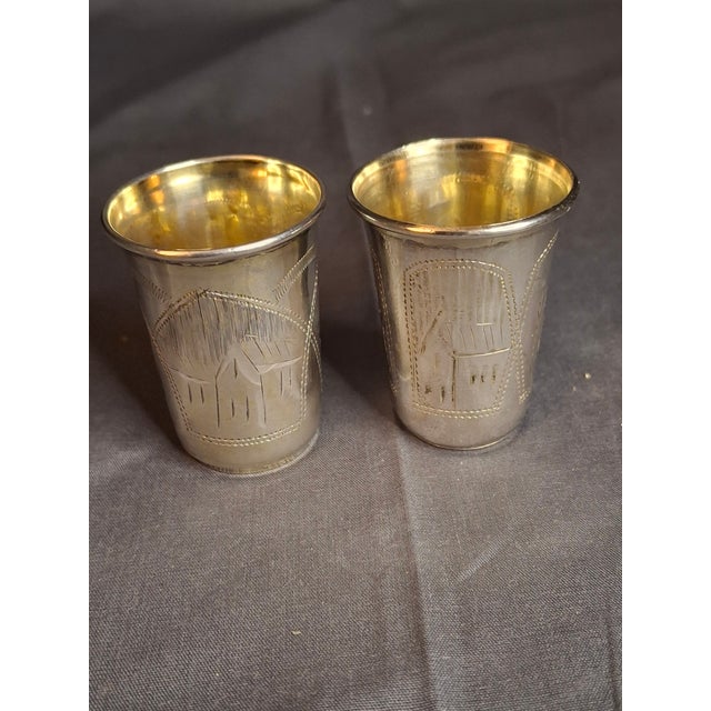 Metal Antique Russian 84 Silver Kiddush Cups Pair Heirs of Zakhoder Kiev 1908-1917 For Sale - Image 7 of 16