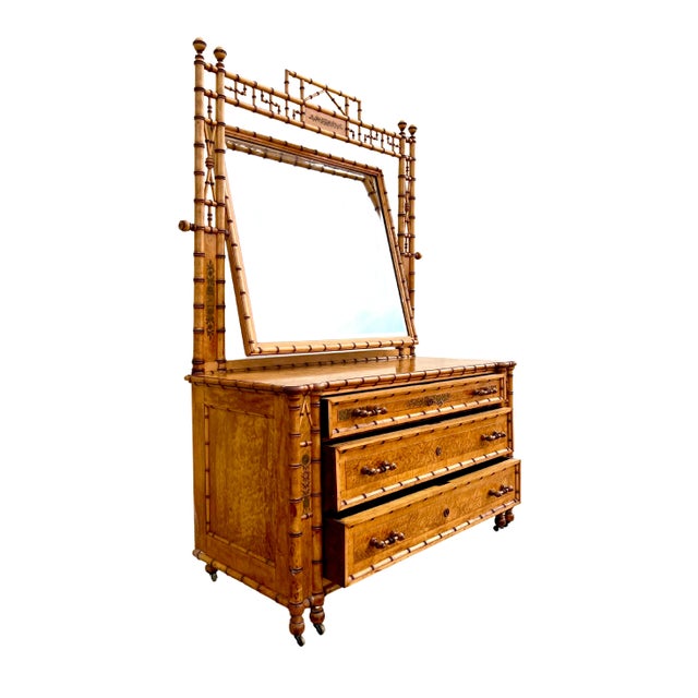 R. J. Horner & Co. r.j. Horner Aesthetic Movement Faux Bamboo Birdseye Maple Dresser With Mirror For Sale - Image 4 of 13